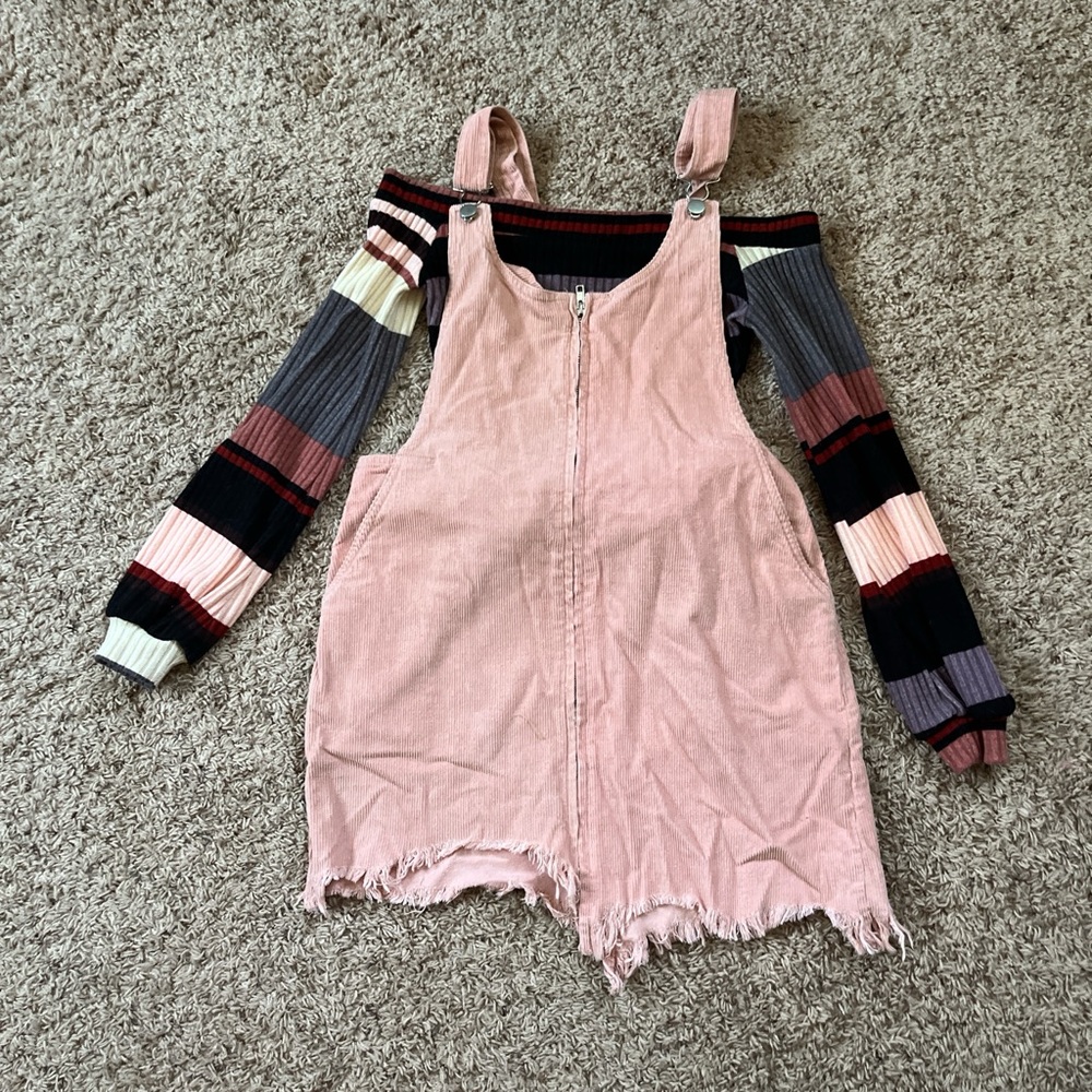 Off the shoulder onesie, with pink denim overalls dress
